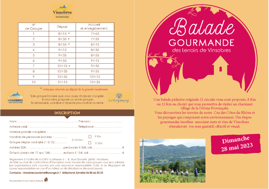 flyer de la balade gourmande de Vinsobres 2023 organisé par le comité d'animation touristique de Vinsobres, fiche d'inscription