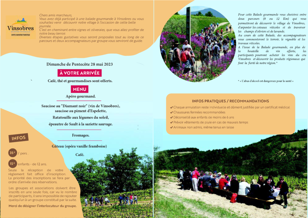 flyer de la balade gourmande de Vinsobres 2023 organisée par le comité d'animation touristique de Vinsobres